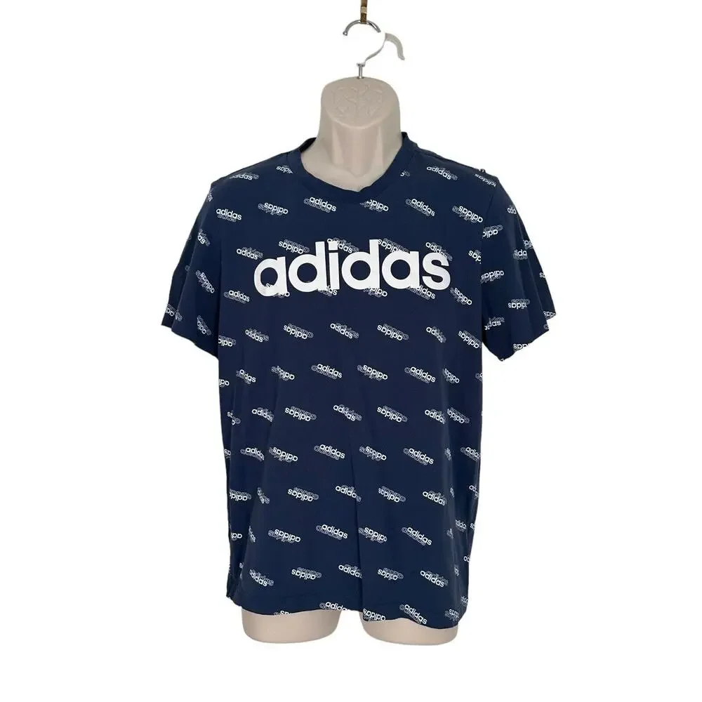 Blue White Adidas T Shirt Casual Preppy Print Graphic Cotton Sz Large